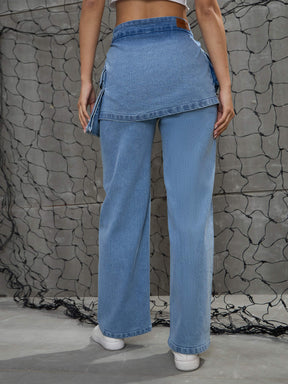 Blue Denim Belted Streight Fit Jeans-SASSAFRAS