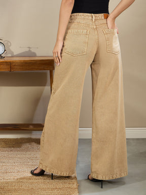 Beige Low Waist Wide Leg Baggy Jeans-SASSAFRAS BASICS