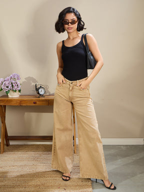 Beige Low Waist Wide Leg Baggy Jeans-SASSAFRAS BASICS