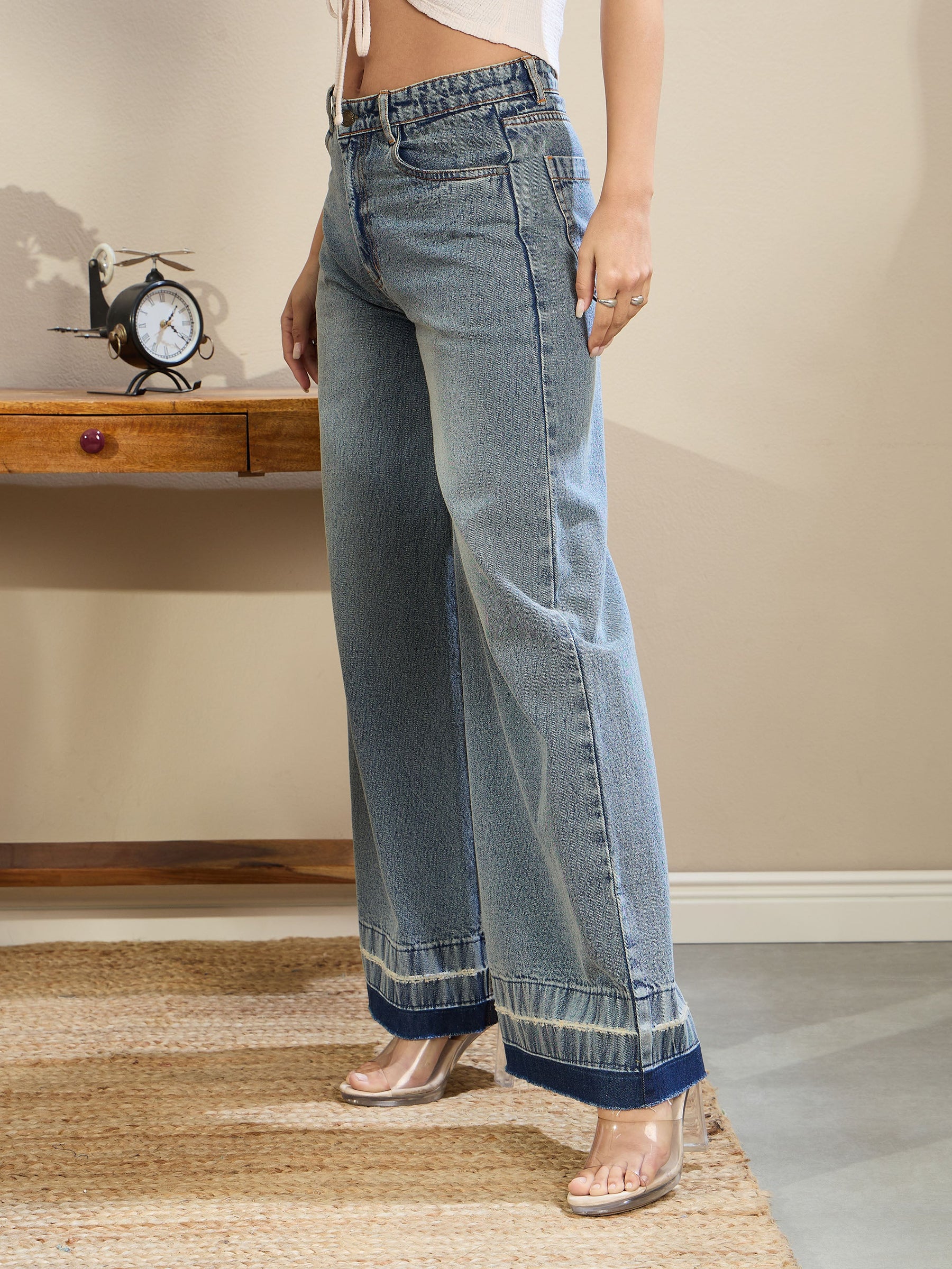 Blue Washed Low Waist Wide Leg Jeans-SASSAFRAS BASICS