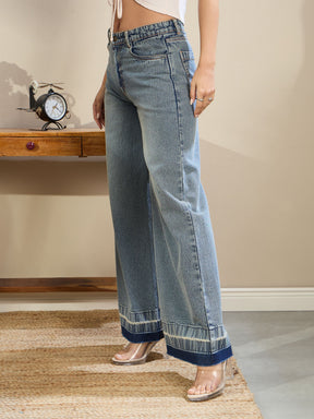 Blue Washed Low Waist Wide Leg Jeans-SASSAFRAS BASICS