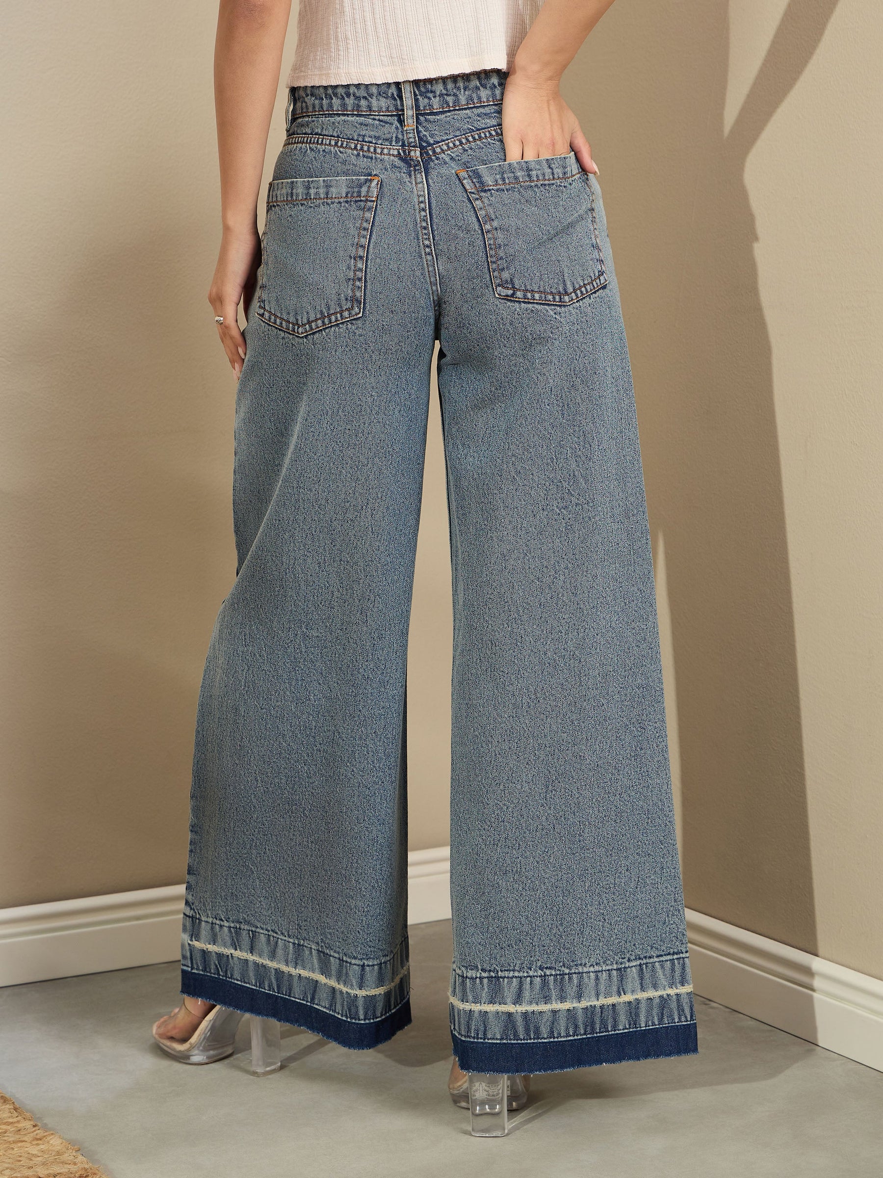 Blue Washed Low Waist Wide Leg Jeans-SASSAFRAS BASICS