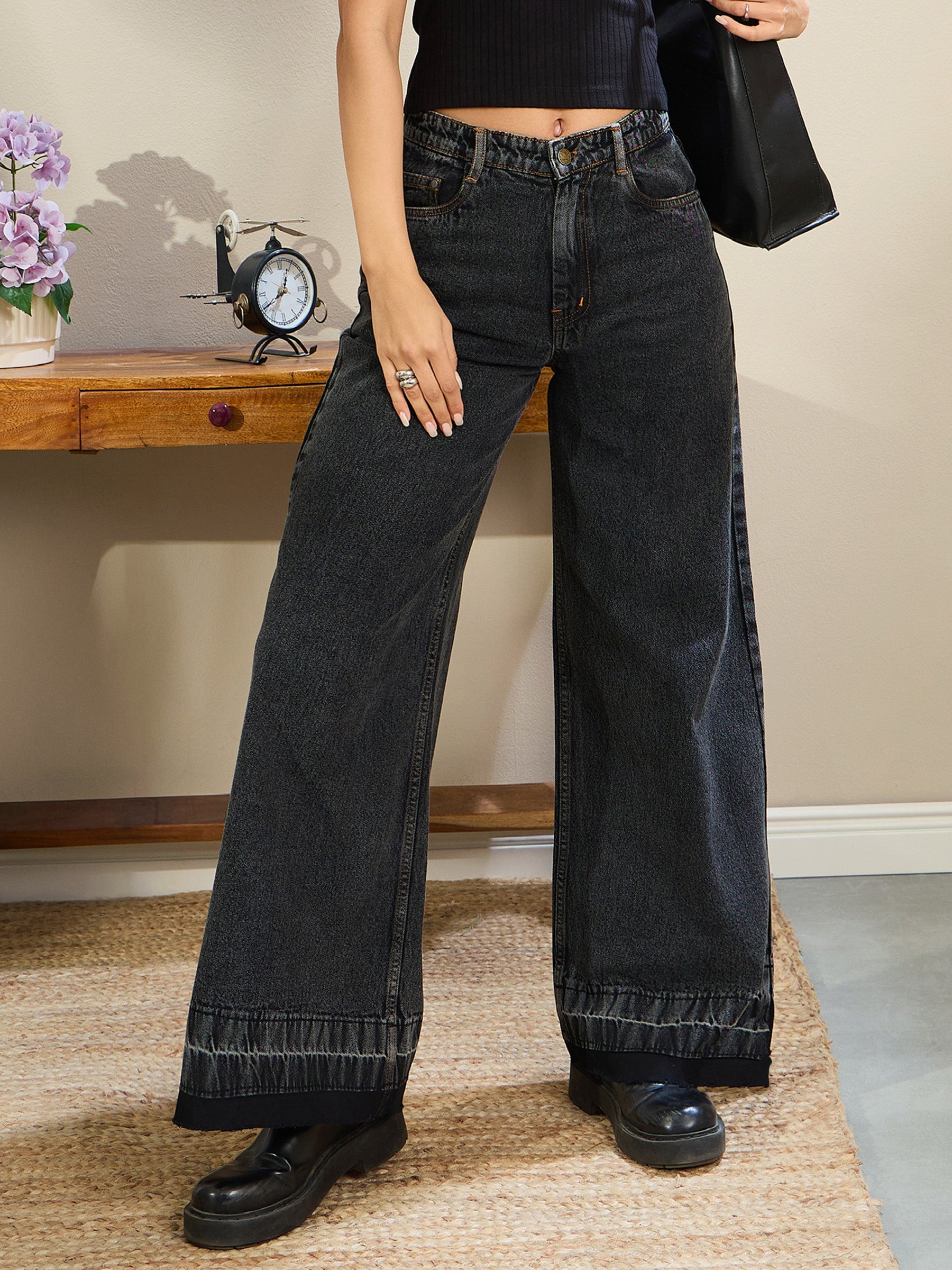 Women Black Washed Low Waist Wide Leg Jeans - Main Image