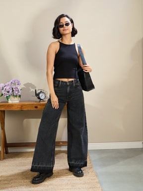 Black Washed Low Waist Wide Leg Jeans-SASSAFRAS BASICS