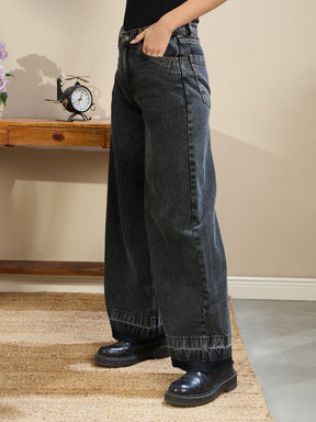 Black Washed Low Waist Wide Leg Jeans-SASSAFRAS BASICS