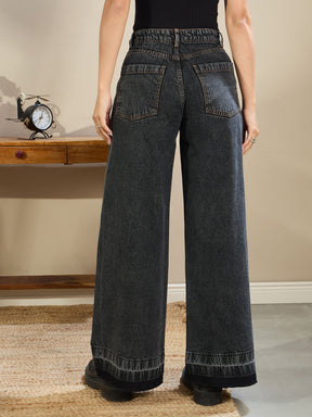 Black Washed Low Waist Wide Leg Jeans-SASSAFRAS BASICS