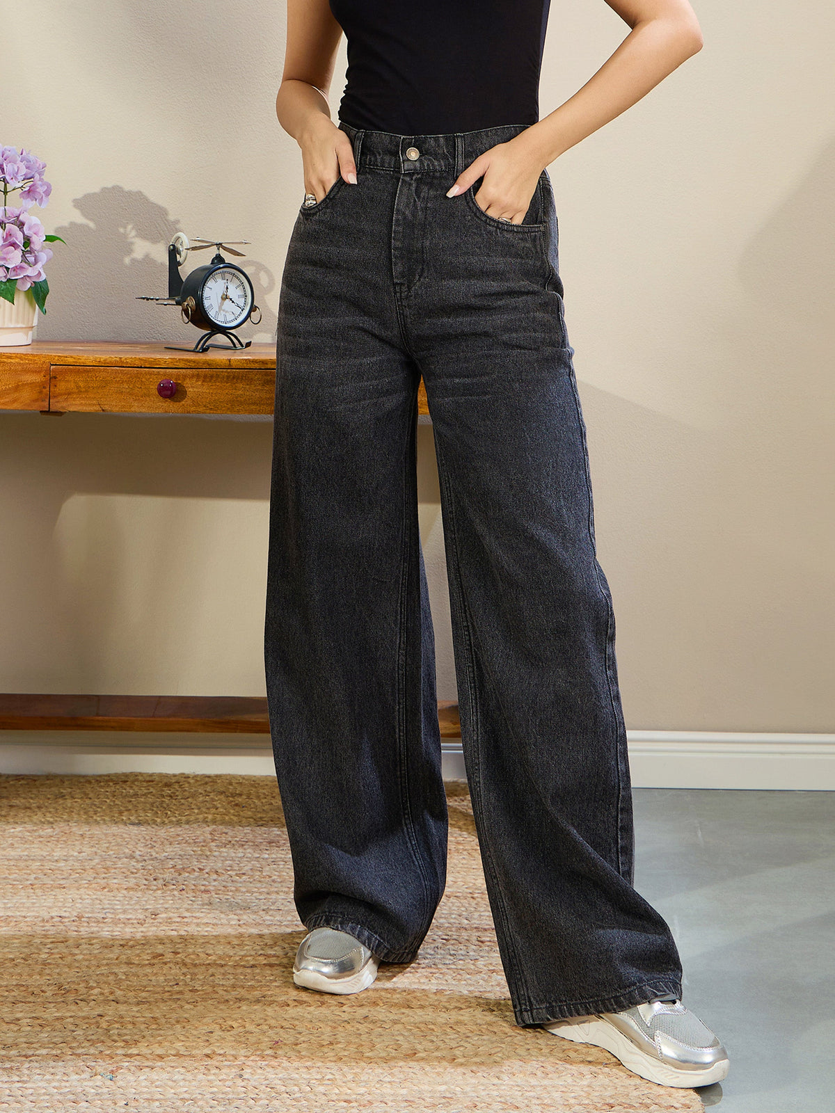 Black Wash High Waist Straight Fit Jeans-SASSAFRAS BASICS