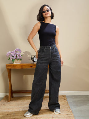 Black Wash High Waist Straight Fit Jeans-SASSAFRAS BASICS