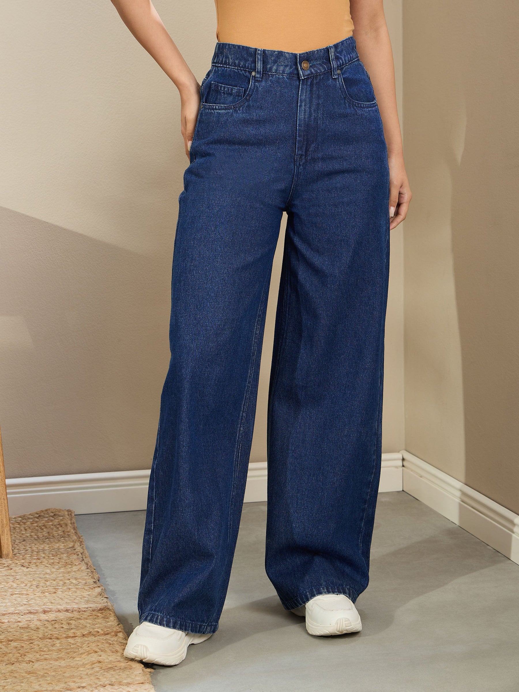 Navy Blue Wash High Waist Straight Fit Jeans-SASSAFRAS BASICS