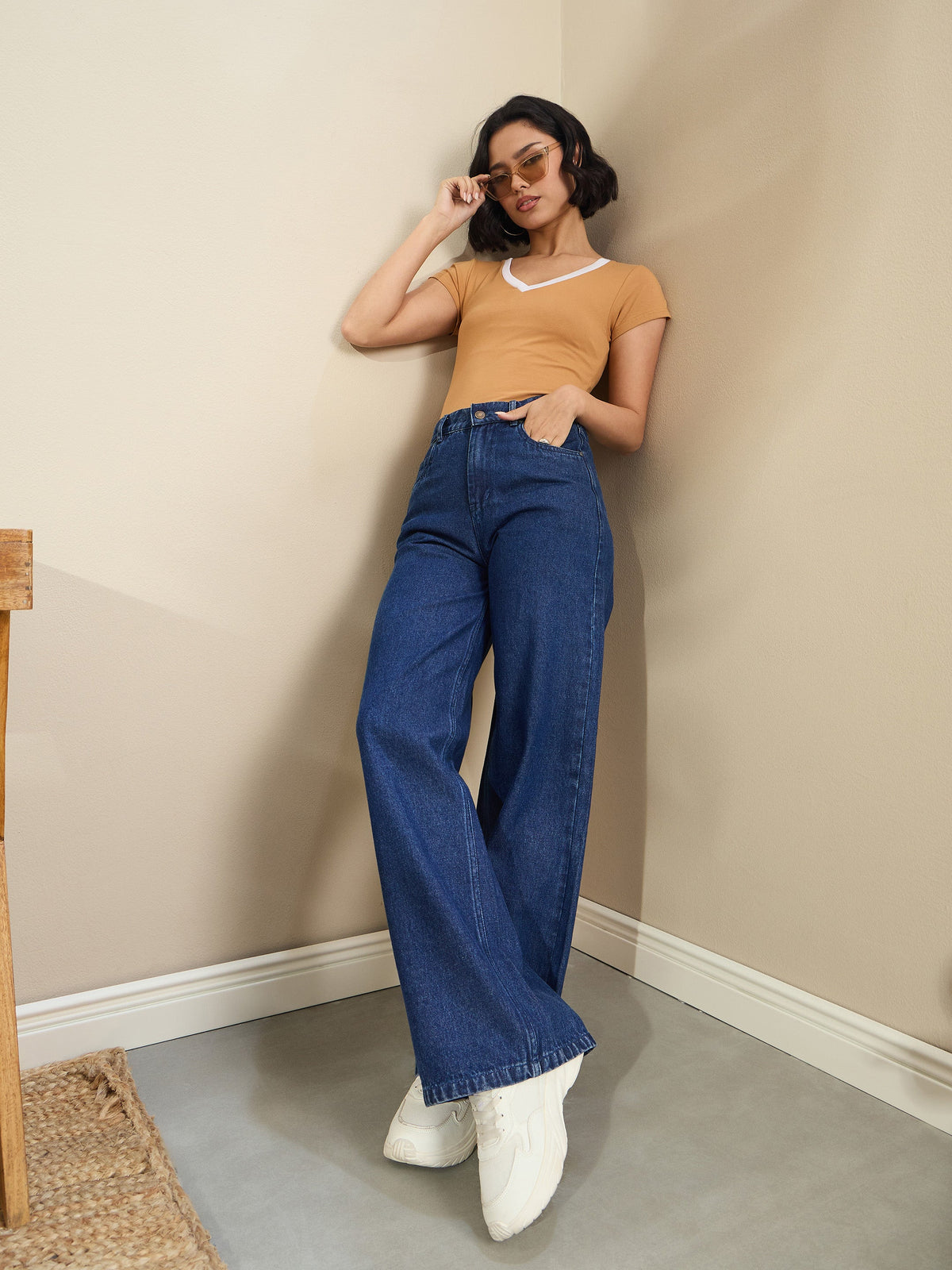 Navy Blue Wash High Waist Straight Fit Jeans-SASSAFRAS BASICS