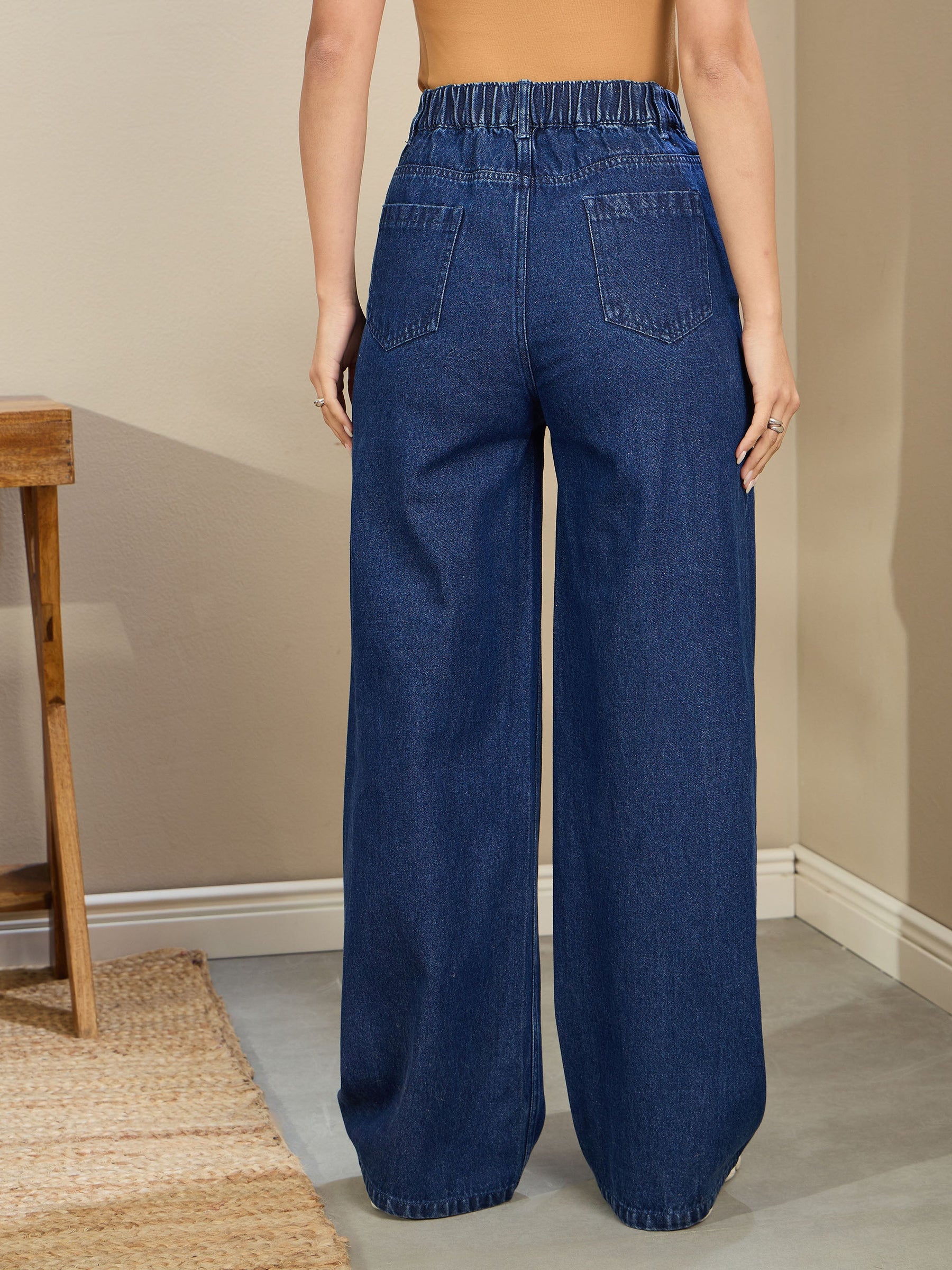 Navy Blue Wash High Waist Straight Fit Jeans-SASSAFRAS BASICS