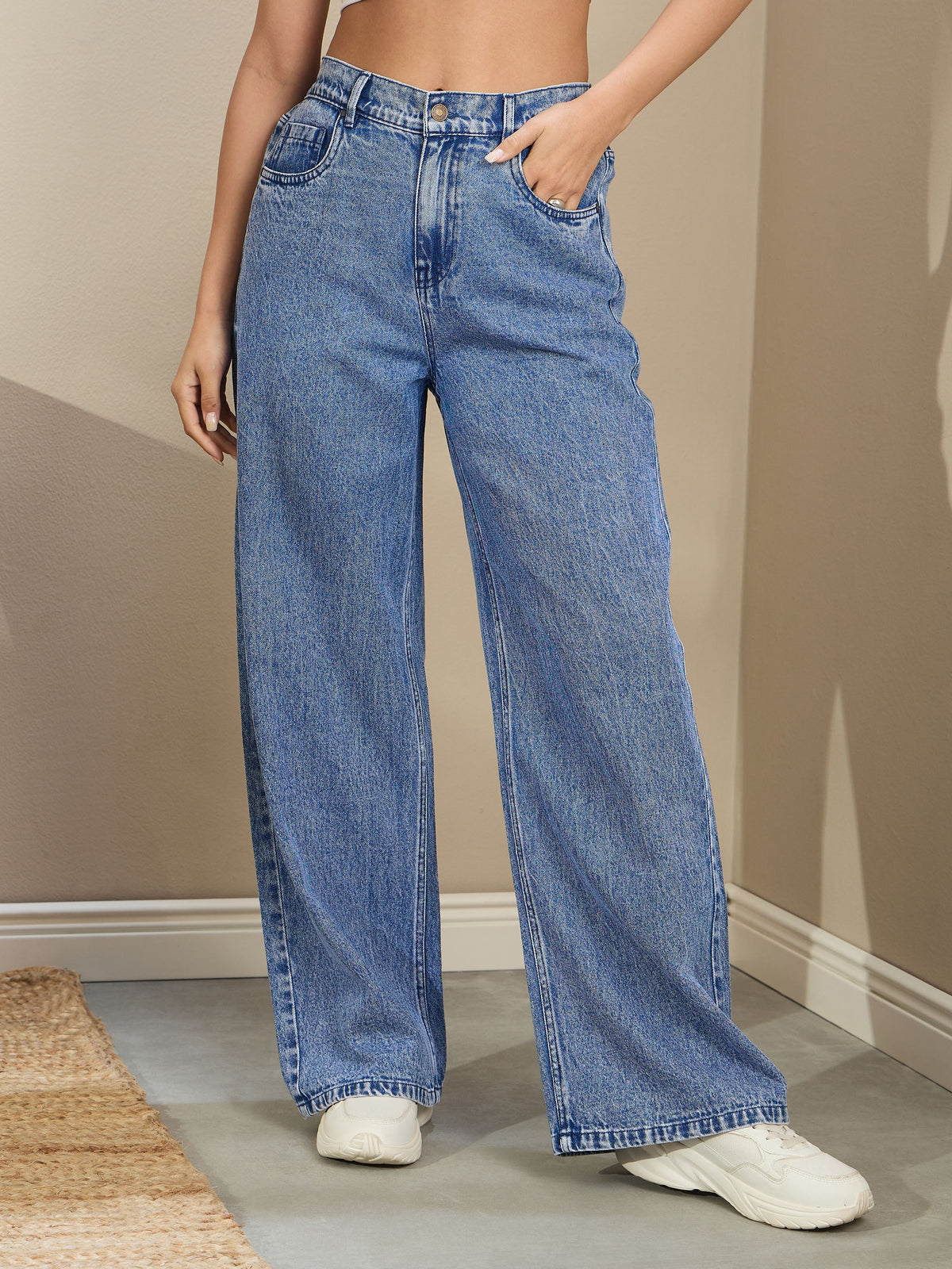 Blue Wash High Waist Straight Fit Jeans-SASSAFRAS BASICS