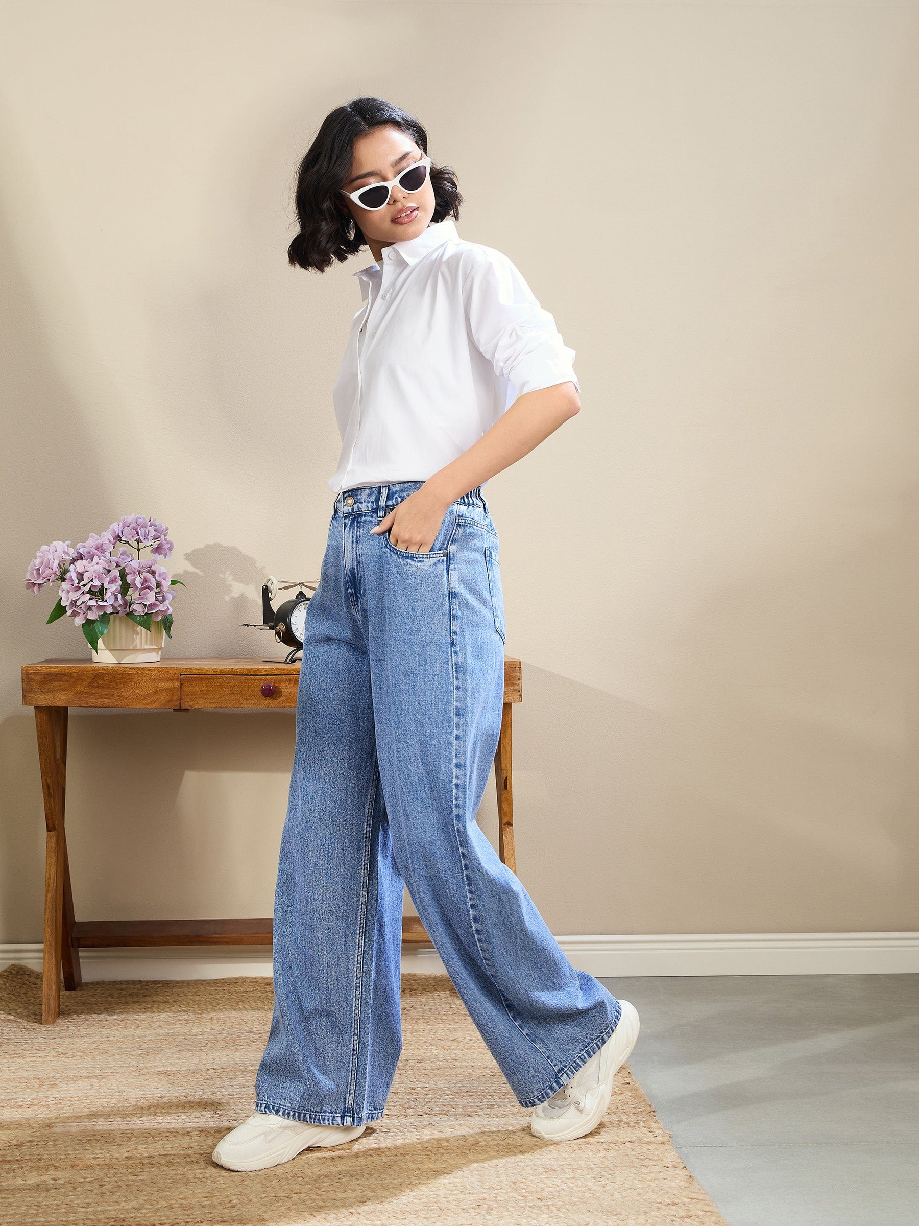 Blue Wash High Waist Straight Fit Jeans-SASSAFRAS BASICS