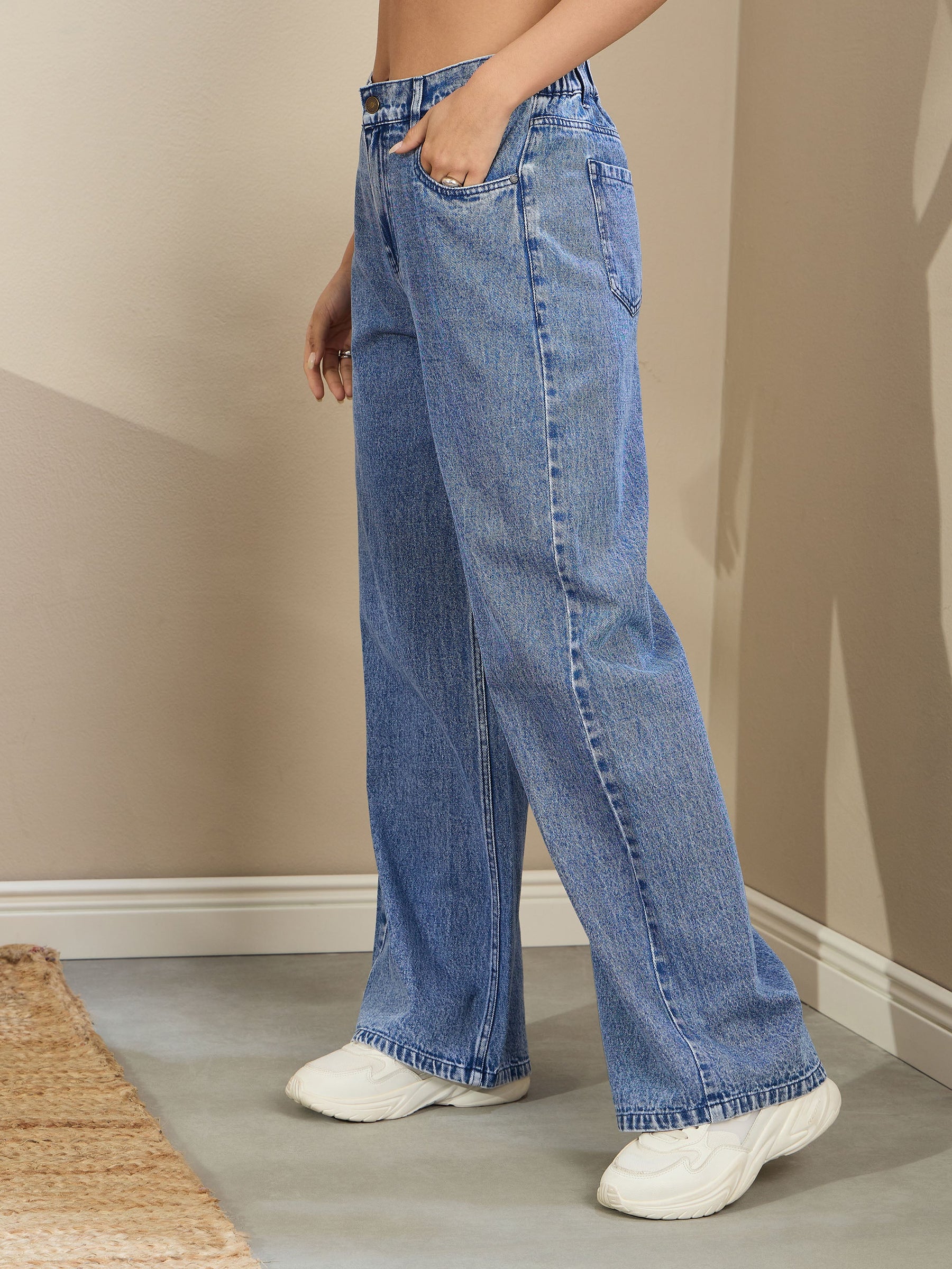 Blue Wash High Waist Straight Fit Jeans-SASSAFRAS BASICS