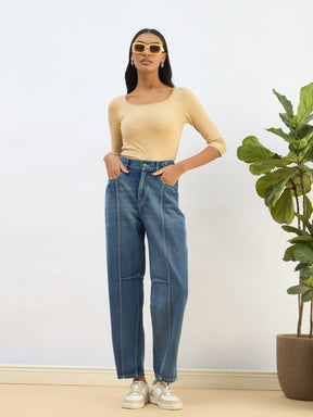Blue Washed Balloon Fit Jeans-SASSAFRAS BASICS
