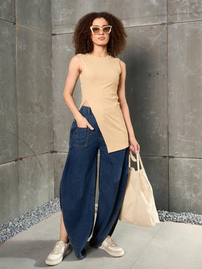 Blue Washed Curve Detail Barrel Jeans-SASSAFRAS