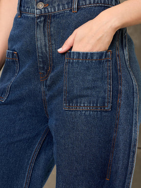 Blue Washed Curve Detail Barrel Jeans-SASSAFRAS