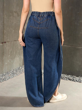 Blue Washed Curve Detail Barrel Jeans-SASSAFRAS