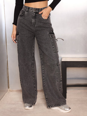 Grey Washed Cargo Jeans-SASSAFRAS