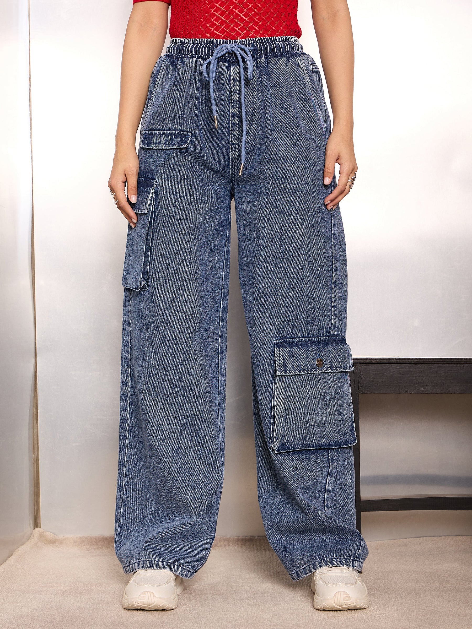 Blue Washed High Rise Drawstring Jeans-SASSAFRAS