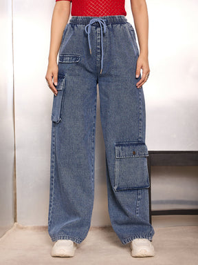 Blue Washed High Rise Drawstring Jeans-SASSAFRAS