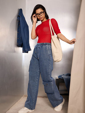 Blue Washed High Rise Drawstring Jeans-SASSAFRAS