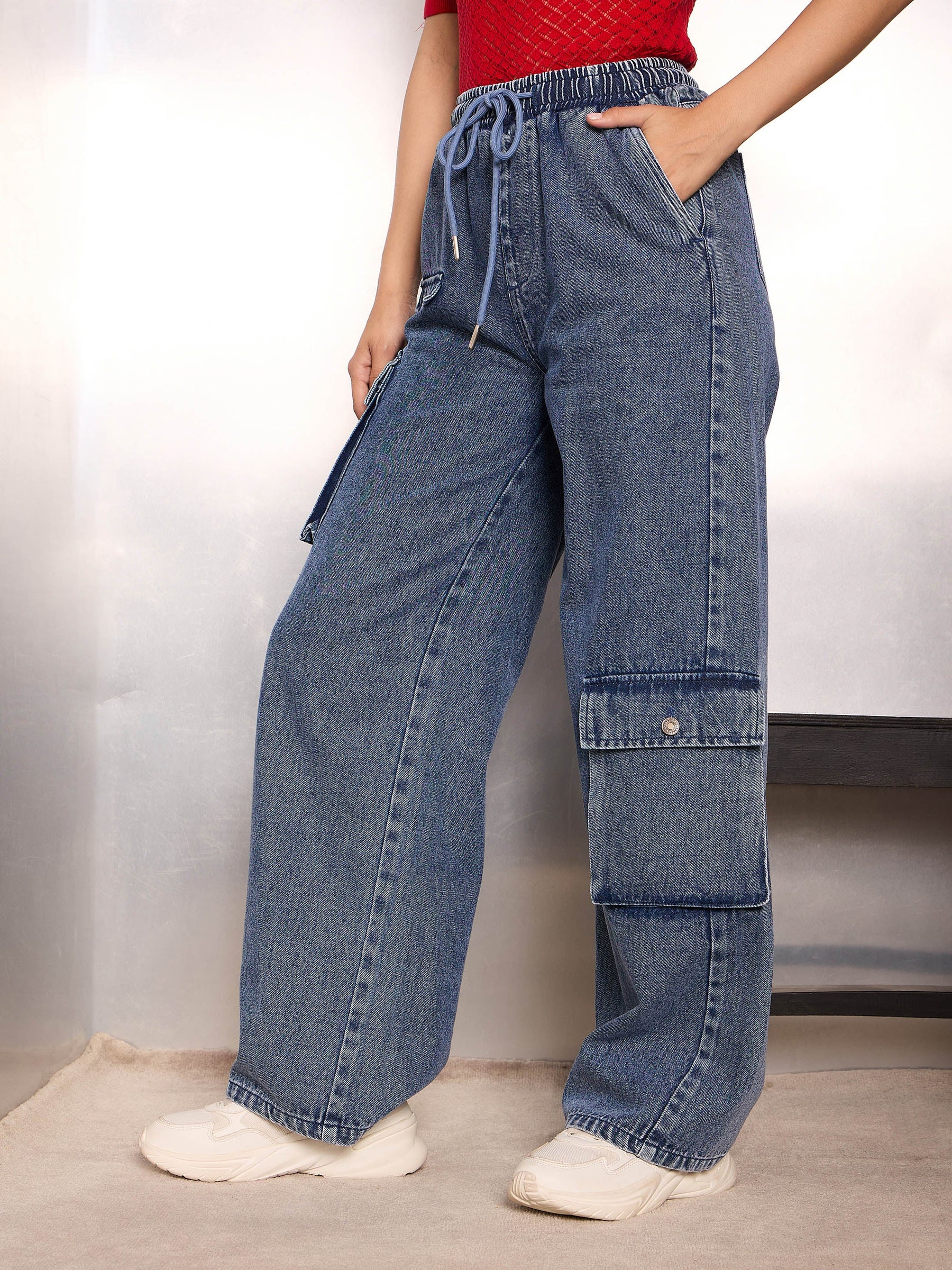 Blue Washed High Rise Drawstring Jeans-SASSAFRAS