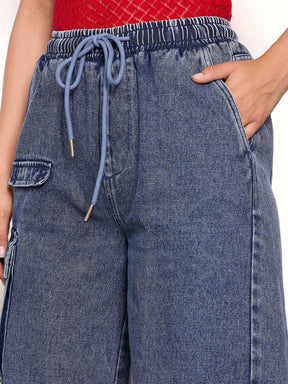 Blue Washed High Rise Drawstring Jeans-SASSAFRAS