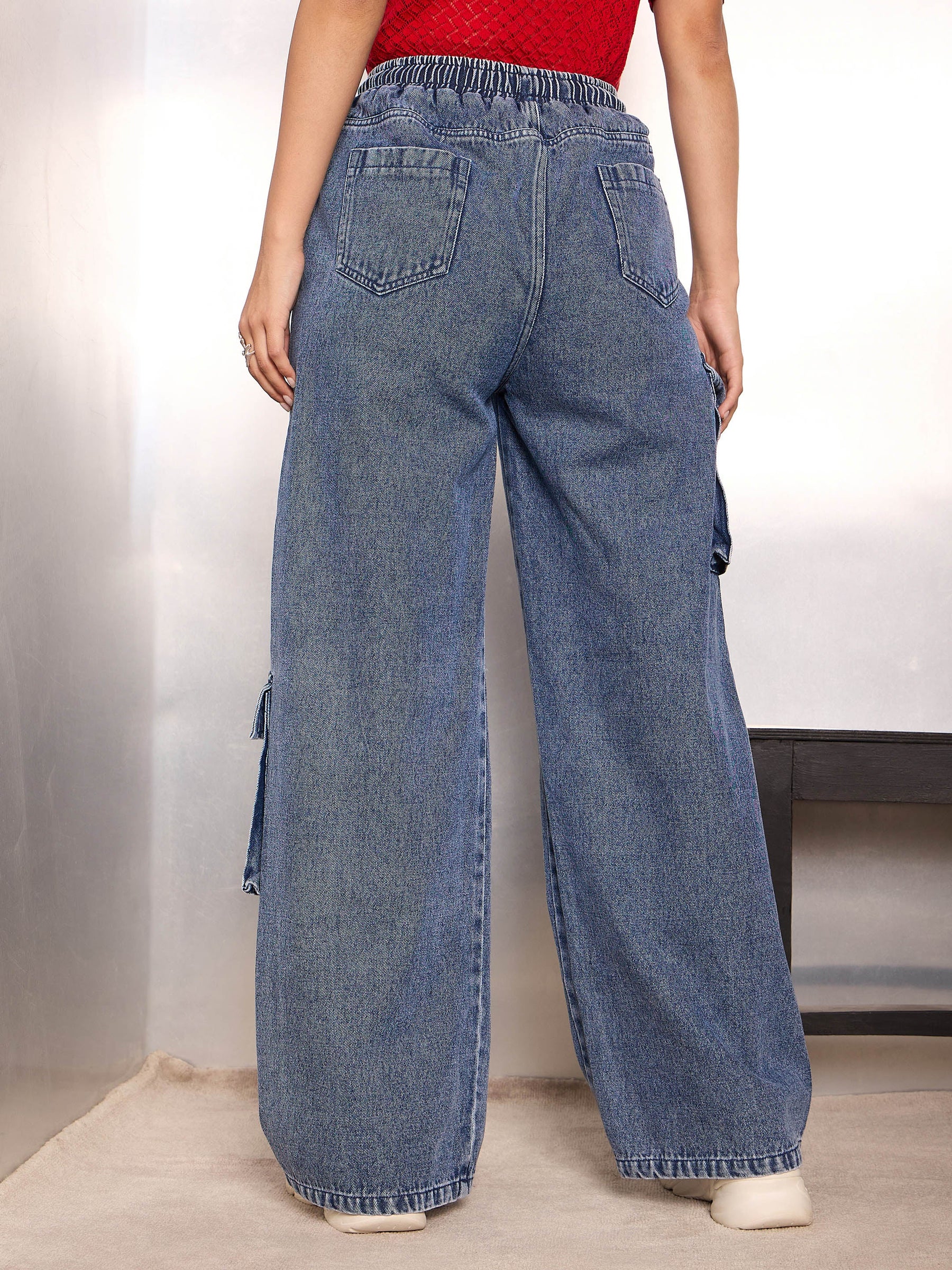 Blue Washed High Rise Drawstring Jeans-SASSAFRAS