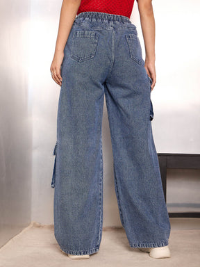 Blue Washed High Rise Drawstring Jeans-SASSAFRAS