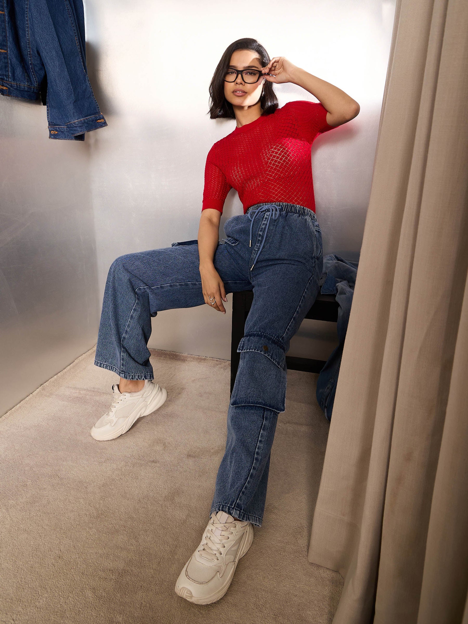 Blue Washed High Rise Drawstring Jeans-SASSAFRAS