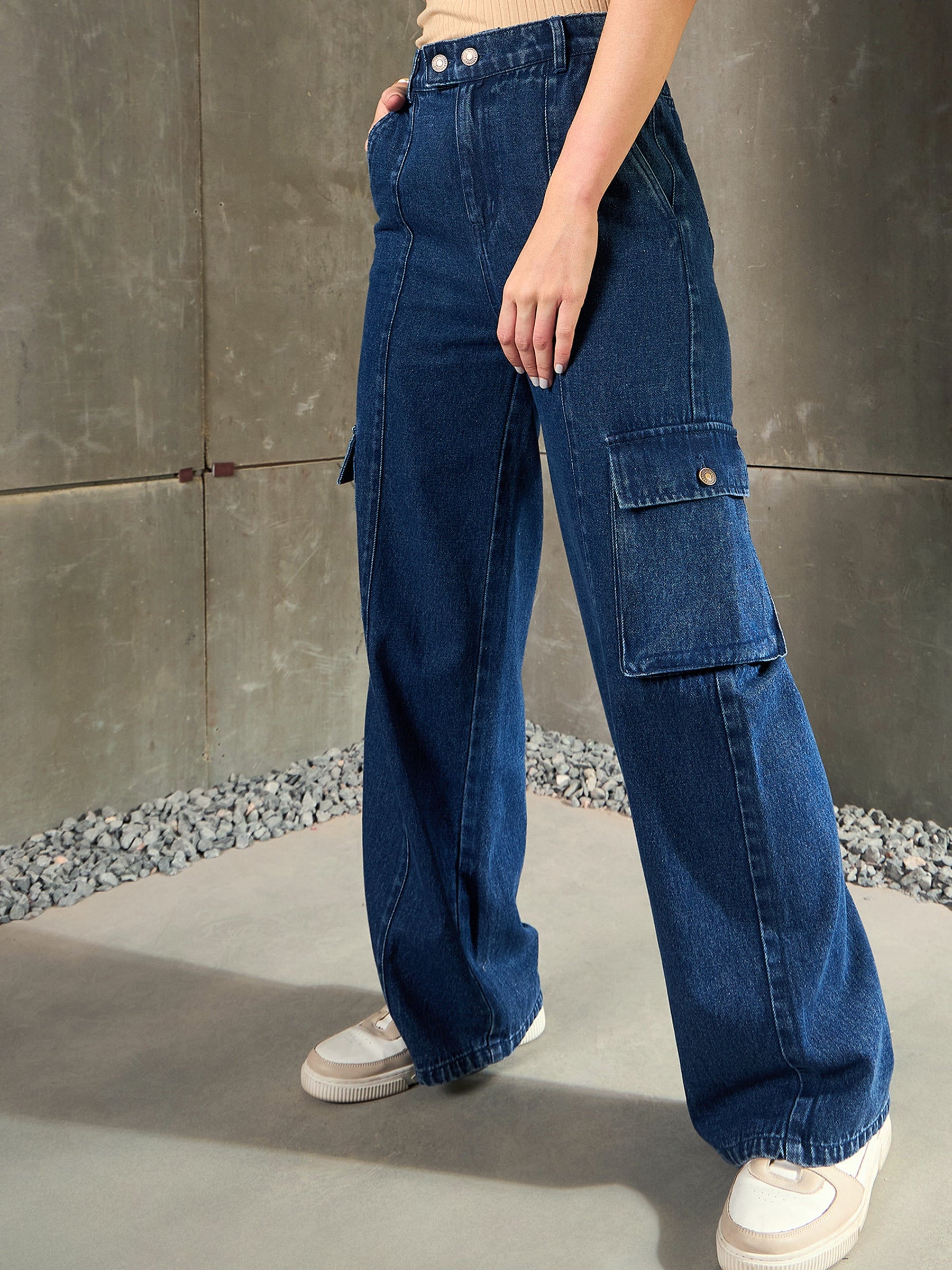 Navy Blue Double Button Closure Cargo Jeans-SASSAFRAS
