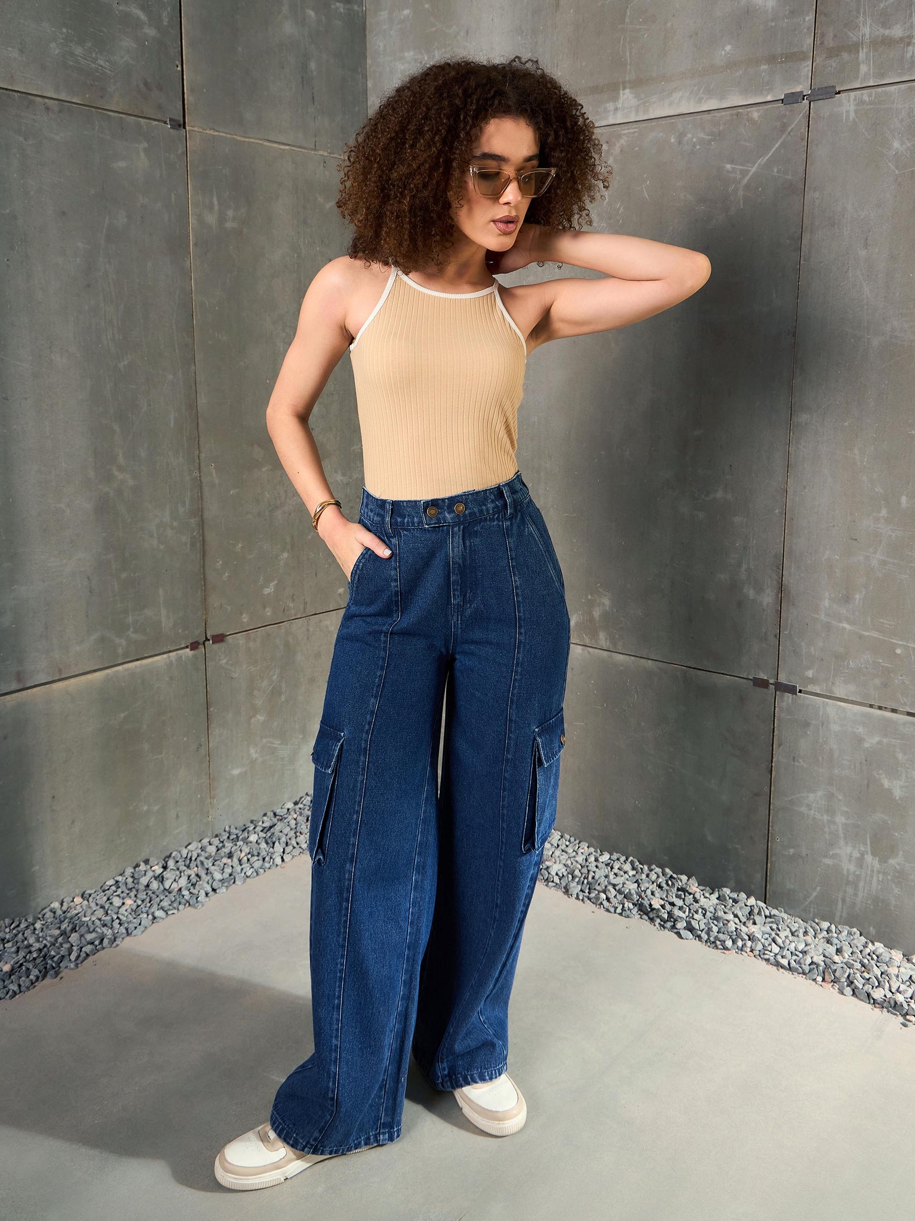 Navy Blue Double Button Closure Cargo Jeans-SASSAFRAS