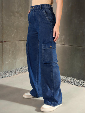 Navy Blue Double Button Closure Cargo Jeans-SASSAFRAS