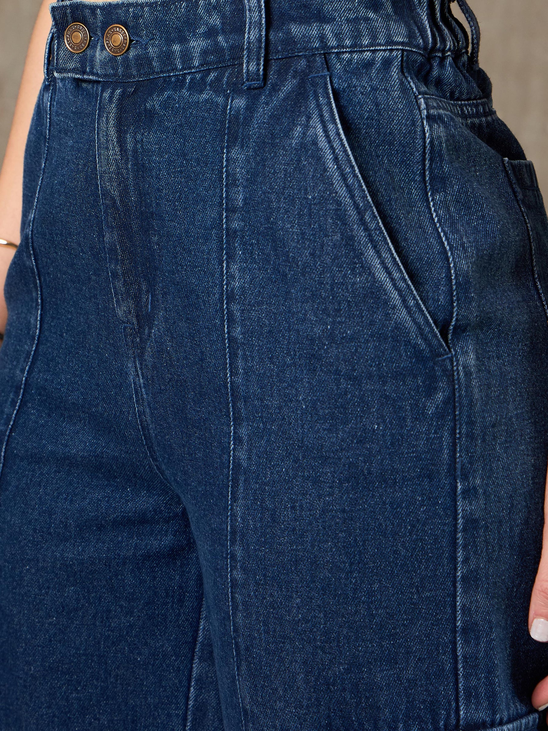 Navy Blue Double Button Closure Cargo Jeans-SASSAFRAS