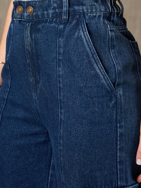 Navy Blue Double Button Closure Cargo Jeans-SASSAFRAS