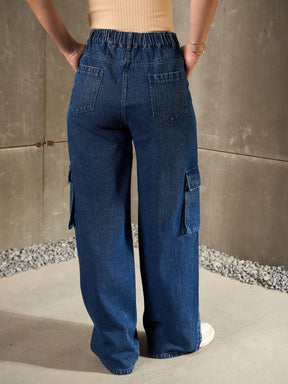 Navy Blue Double Button Closure Cargo Jeans-SASSAFRAS