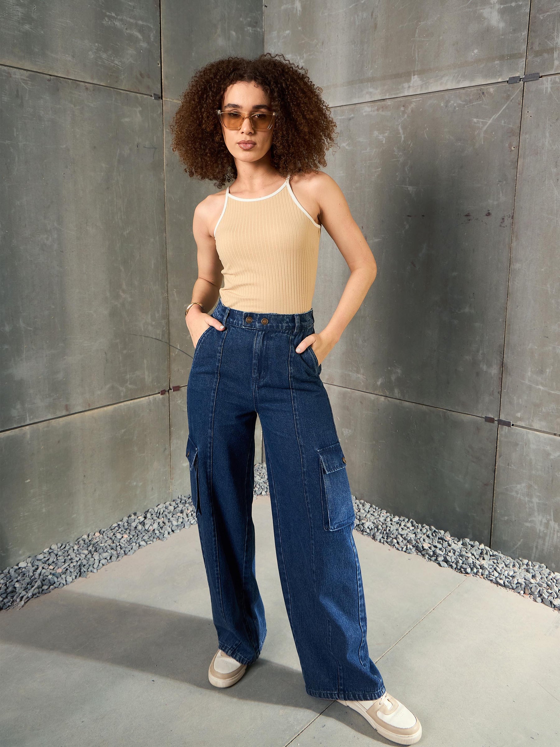 Navy Blue Double Button Closure Cargo Jeans-SASSAFRAS
