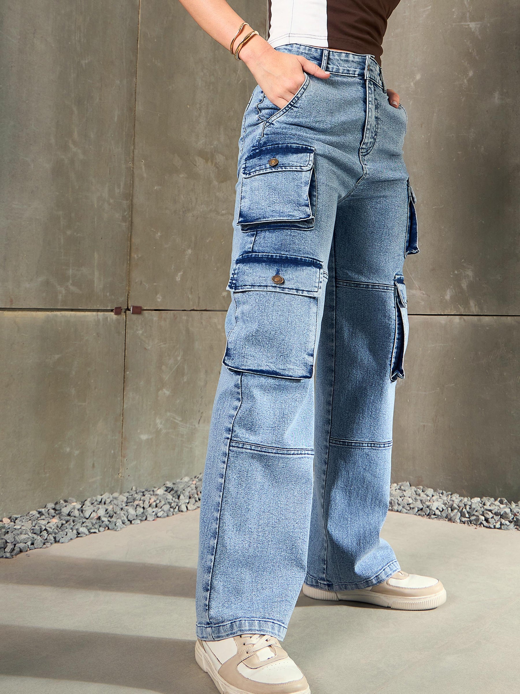 Blue Cargo Pockets Jeans-SASSAFRAS