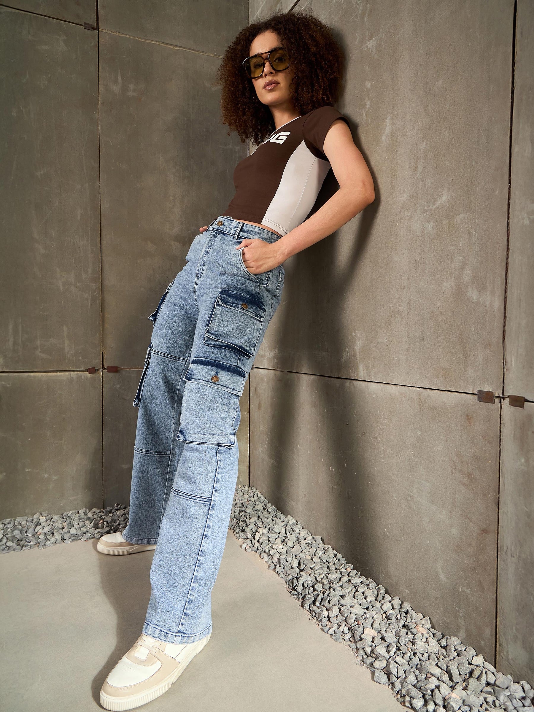 Blue Cargo Pockets Jeans-SASSAFRAS