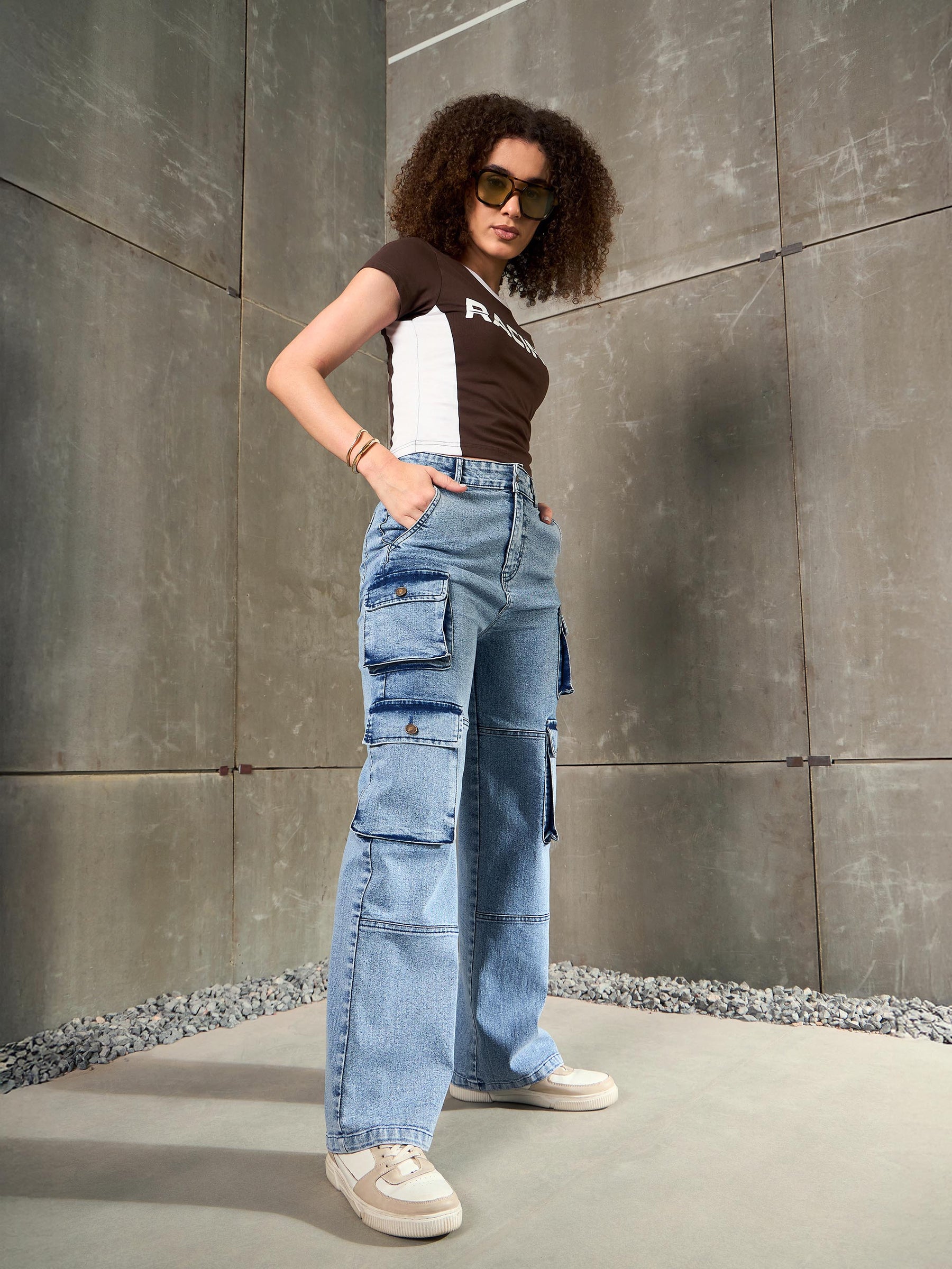 Blue Cargo Pockets Jeans-SASSAFRAS