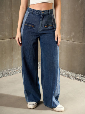 Navy Blue ColorBlock Zipper Detail Wide Leg Jeans-SASSAFRAS