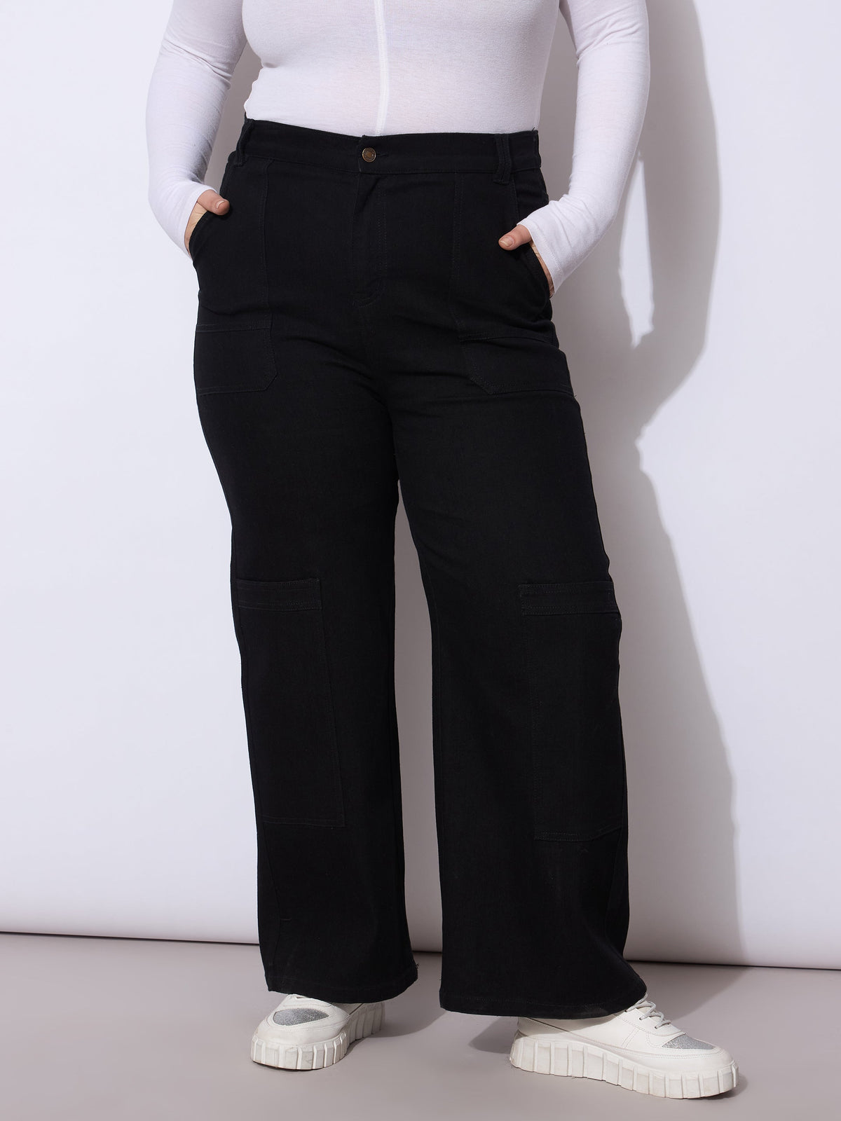 Black Side Pockets Straight Cargo Jeans-SASSAFRAS Curve