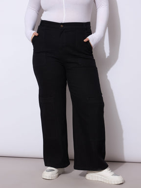 Black Side Pockets Straight Cargo Jeans-SASSAFRAS Curve