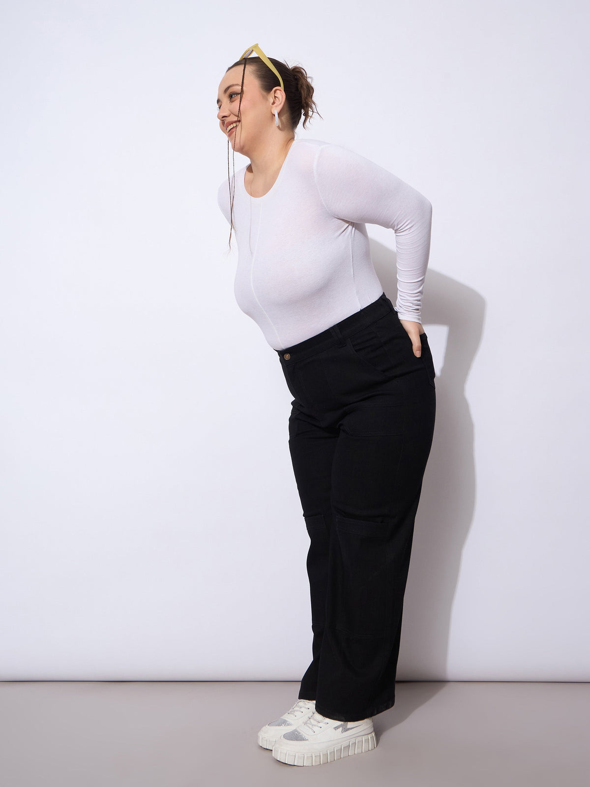 Black Side Pockets Straight Cargo Jeans-SASSAFRAS Curve