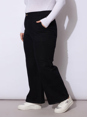 Black Side Pockets Straight Cargo Jeans-SASSAFRAS Curve