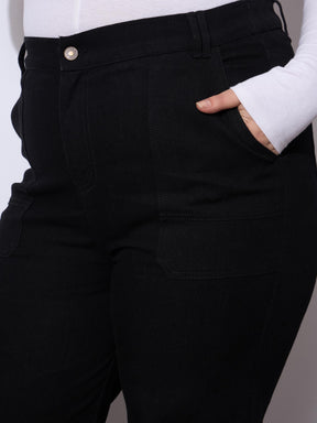 Black Side Pockets Straight Cargo Jeans-SASSAFRAS Curve