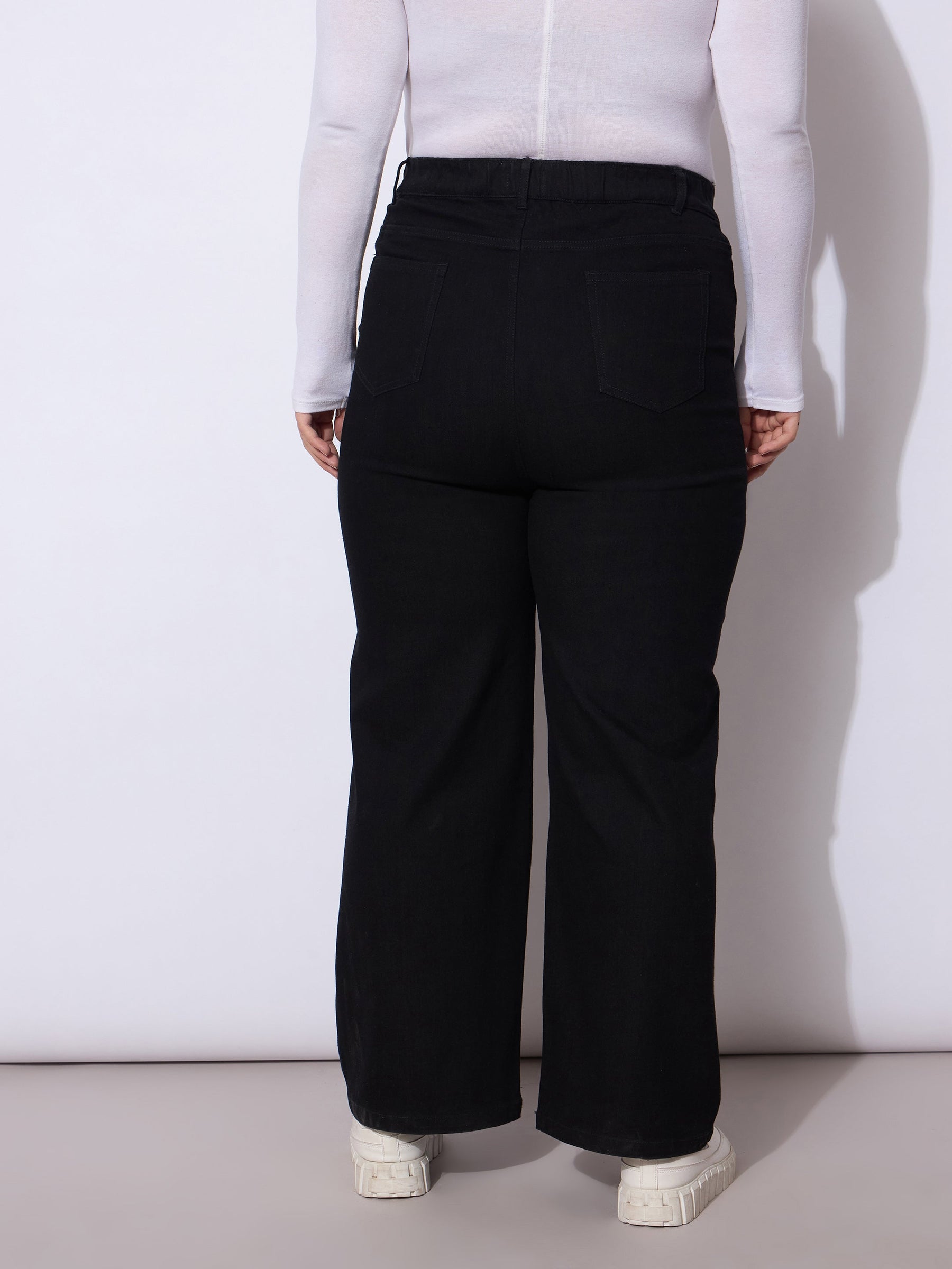 Black Side Pockets Straight Cargo Jeans-SASSAFRAS Curve