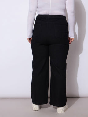 Black Side Pockets Straight Cargo Jeans-SASSAFRAS Curve
