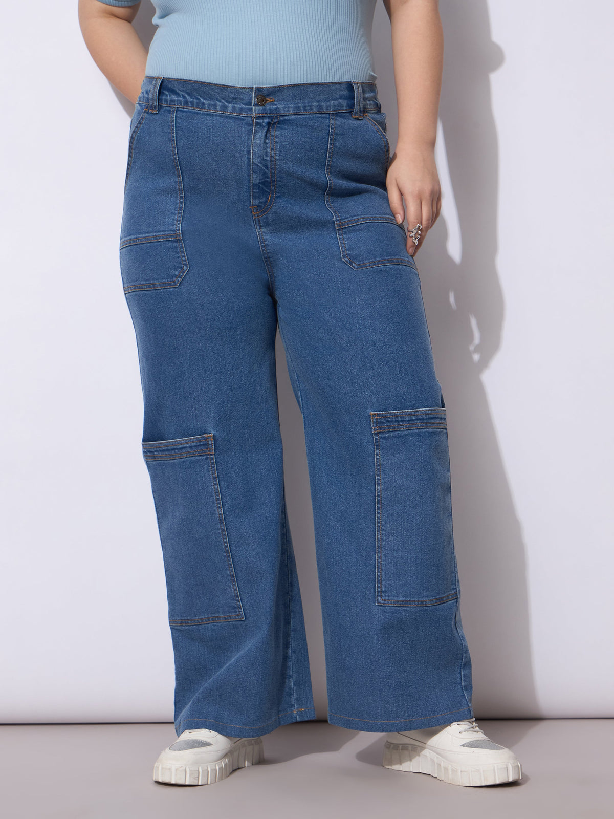 Blue Wash Side Pockets Straight Cargo Jeans-SASSAFRAS Curve
